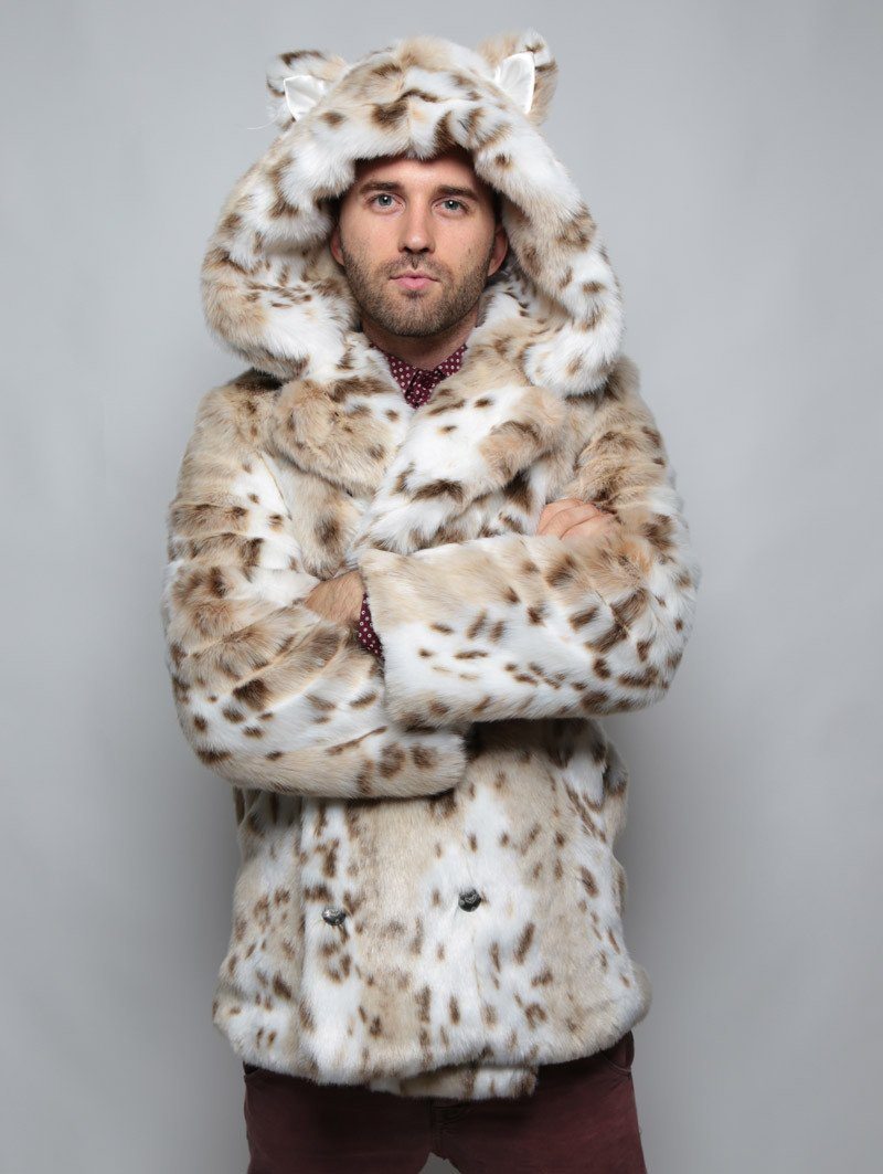 Snow Leopard Men's Long Faux Fur Coat | SpiritHoods S / ivory/beige/brown/white