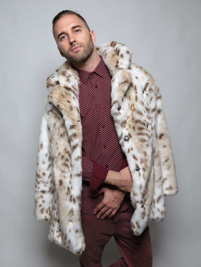 Classic Siberian Snow Leopard Faux Fur Coat with Hood on Male