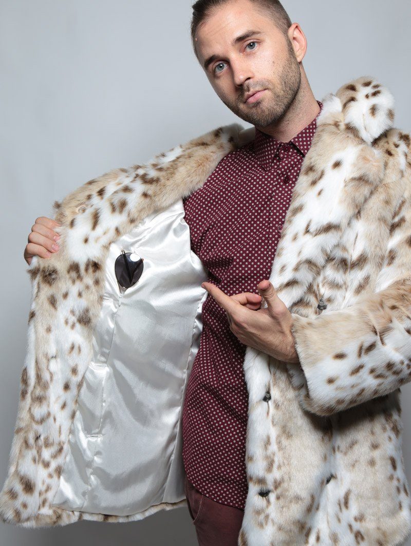 Exterior and Interior View of Siberian Snow Leopard Faux Fur Coat 