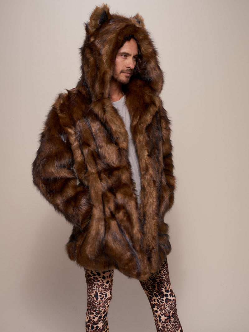 Golden Brown Classic Tawny Wolf Faux Fur SpiritHoods Coat on Male