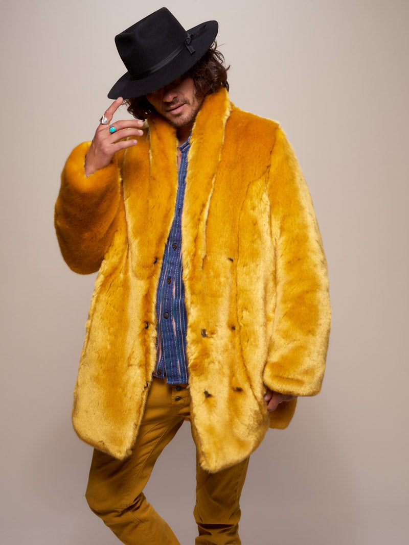 Man wearing Golden Wolf Luxe Collared  Faux Fur Coat