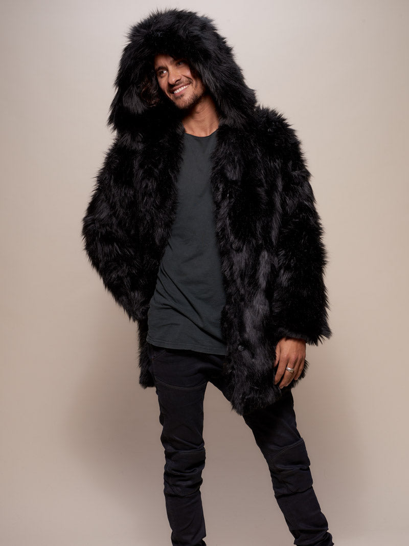 Man wearing Black Wolf Hooded Faux Fur Coat, front view 2