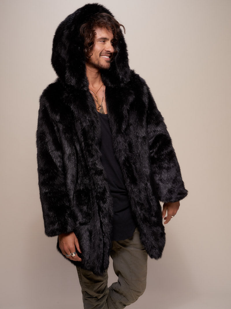 Man wearing Collector Edition Hooded Black Panther Faux Fur Coat, side view
