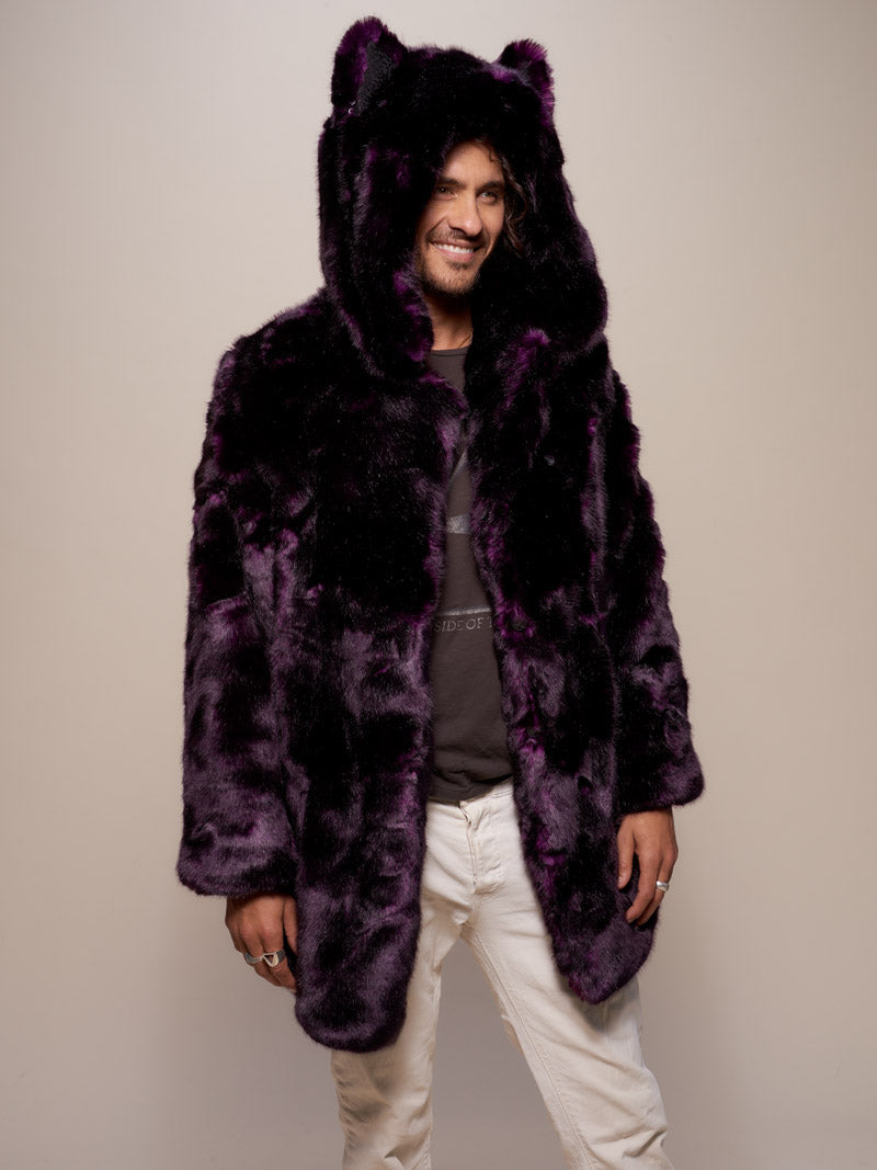 Man Wearing Midnight Wolf Luxe Faux Fur Coat