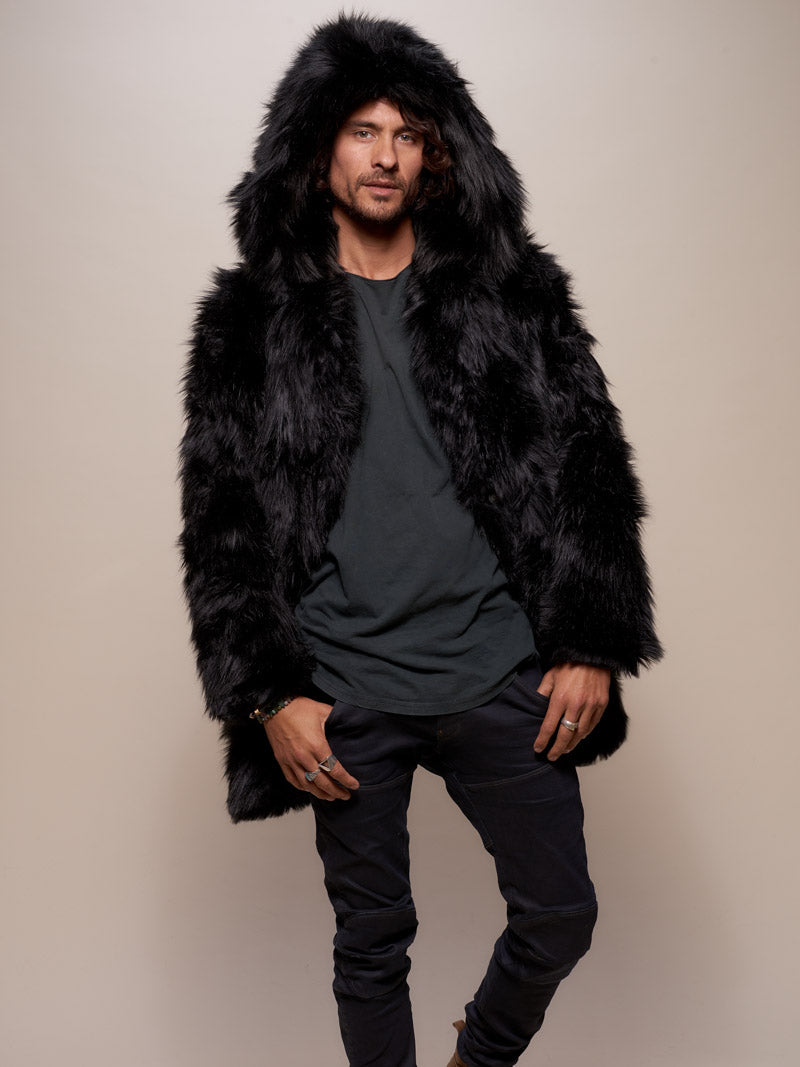 Man wearing Black Wolf Hooded Faux Fur Coat, front view 4