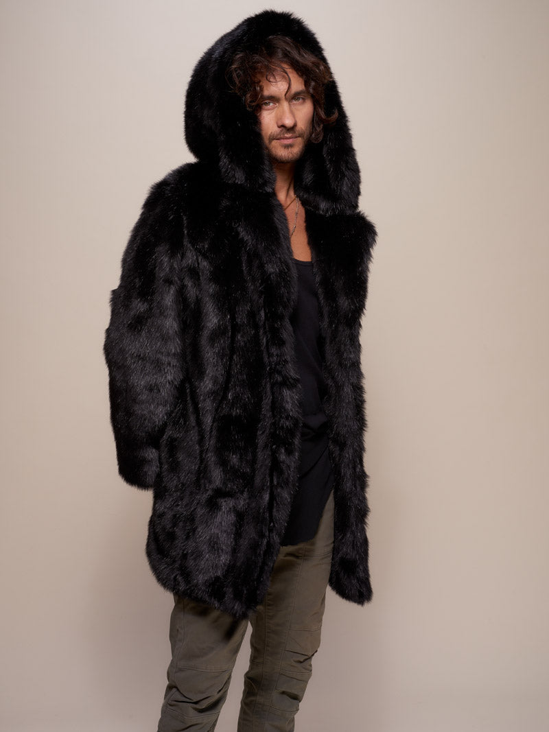 Man wearing Collector Edition Hooded Black Panther Faux Fur Coat, side view 1