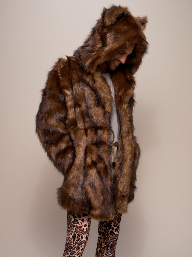 Classic Tawny Wolf Faux Fur Coat with Hood
