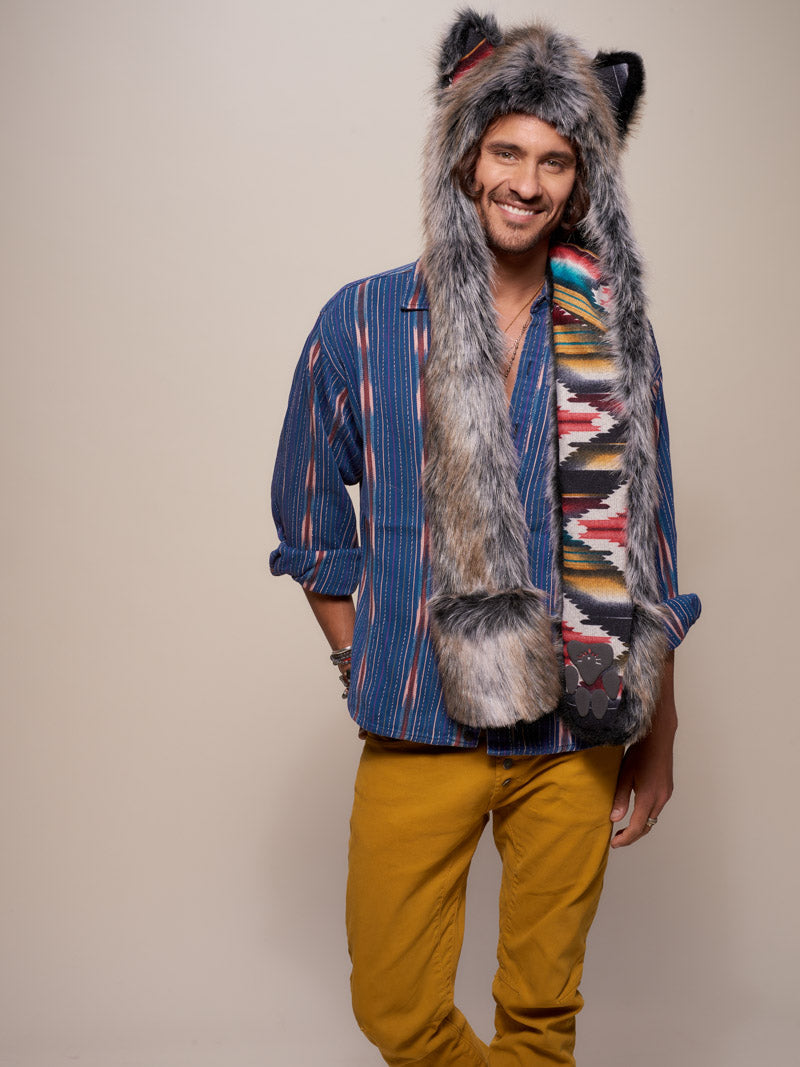 Man wearing faux fur Grey Wolf Sedona Collector Edition SpiritHood
