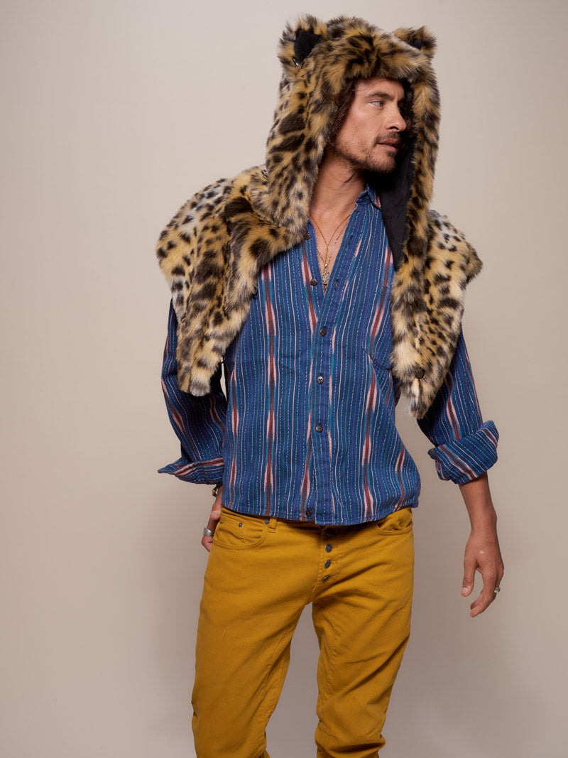 Man wearing SpiritHood Cheetah Faux Fur Shawl, front view 1