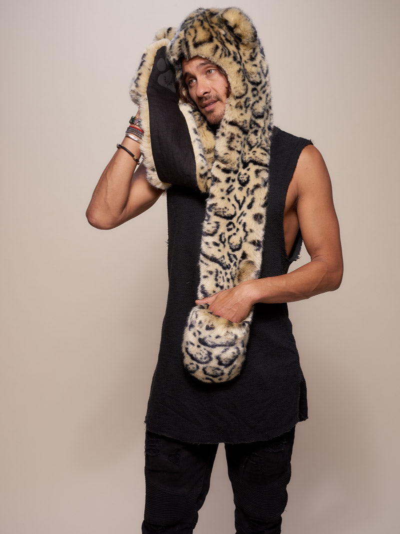 Man wearing faux fur Ocelot Luxe Collector Edition SpiritHood, side view