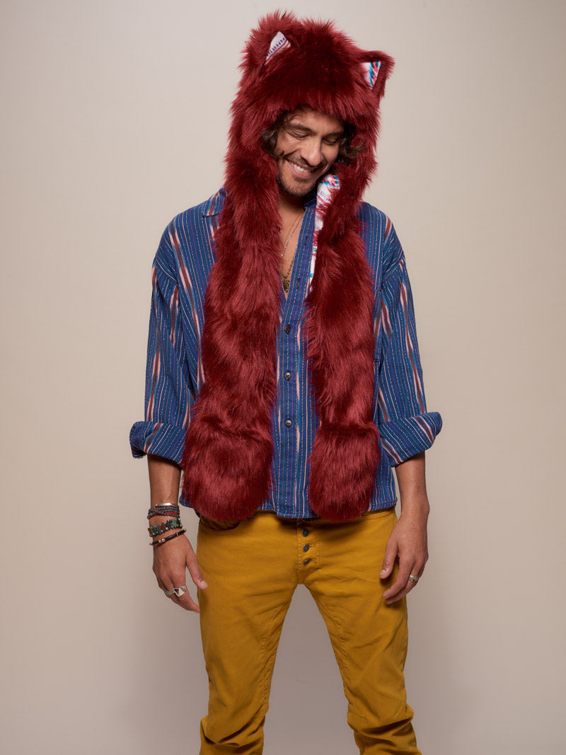 Man wearing Fire Wolf CE Faux Fur SpiritHood, front view 1