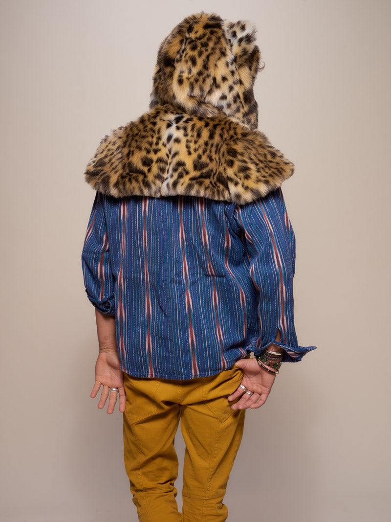 Man wearing SpiritHood Cheetah Faux Fur Shawl, back view 1
