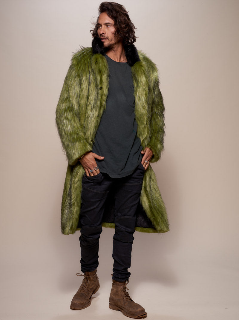 Man wearing Jade Fox Faux Fur Calf Length Coat, front view 2