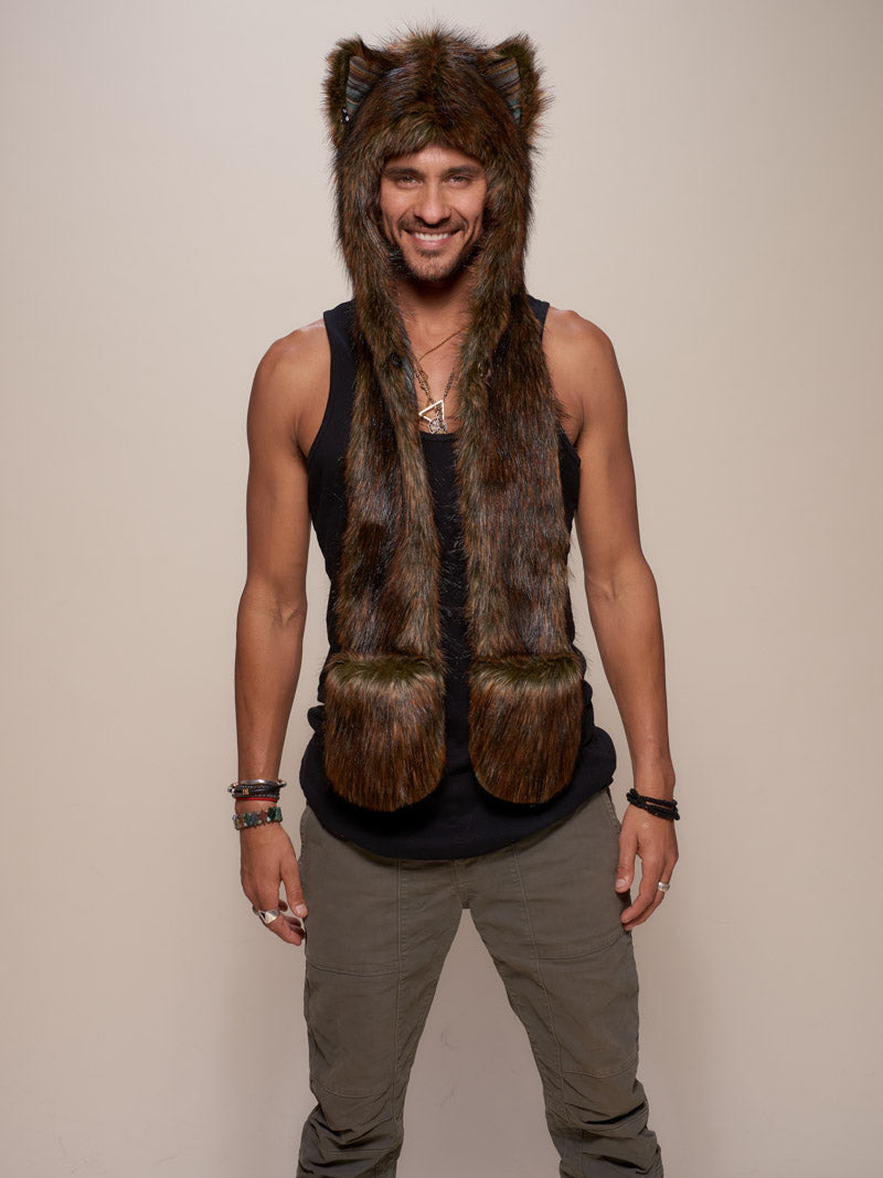 Man wearing faux fur Limited Edition Forest Fox Unisex SpiritHood, front view