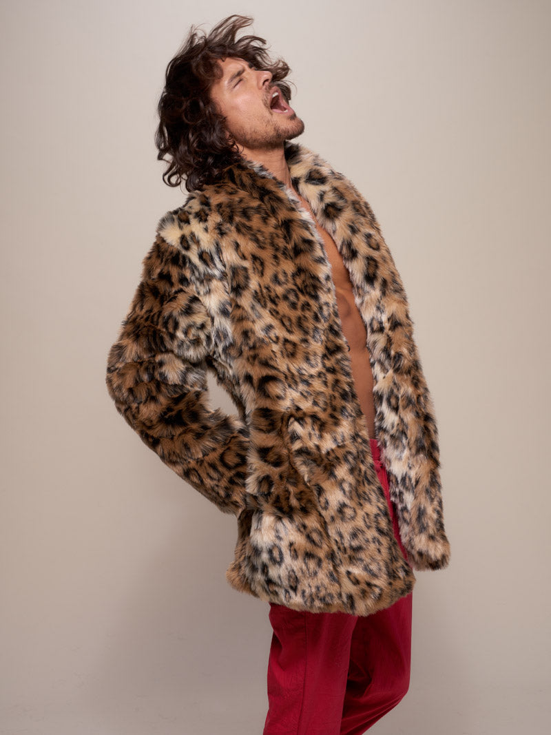 Man wearing Leopard Collared Faux Fur Coat, side view 1