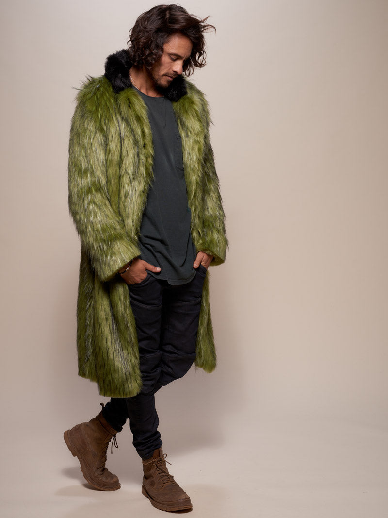 Man wearing Jade Fox Faux Fur Calf Length Coat, side view 2