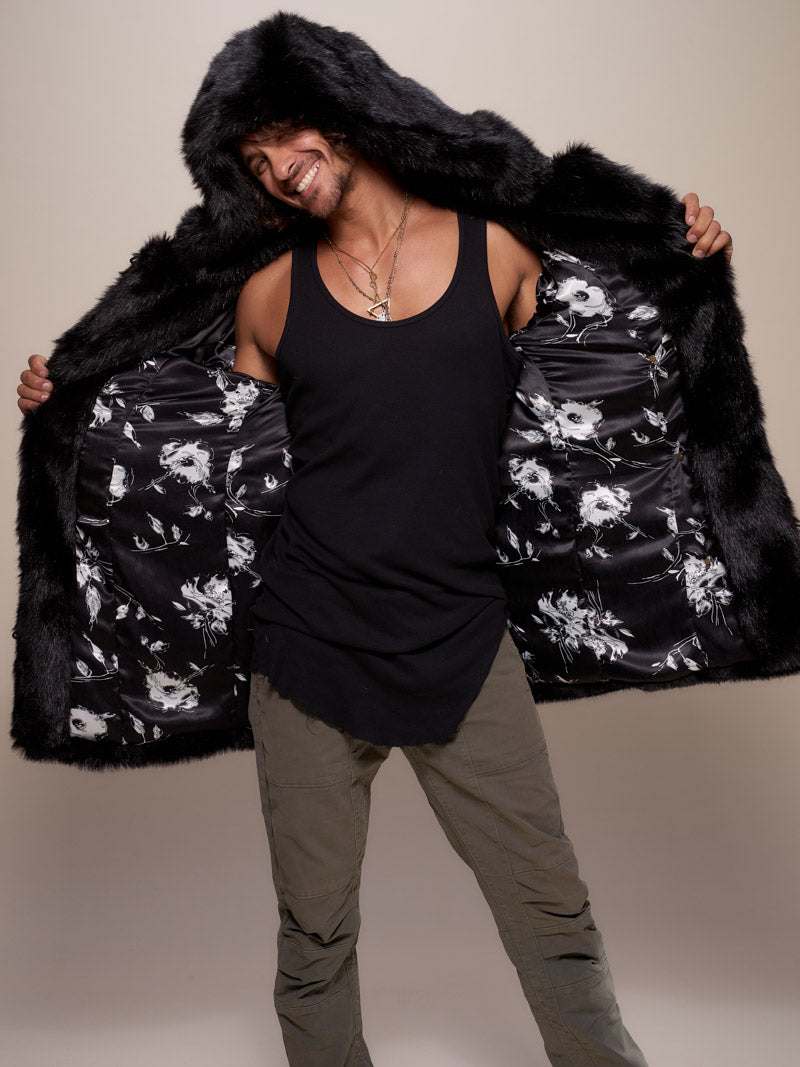 Man wearing Collector Edition Hooded Black Panther Faux Fur Coat