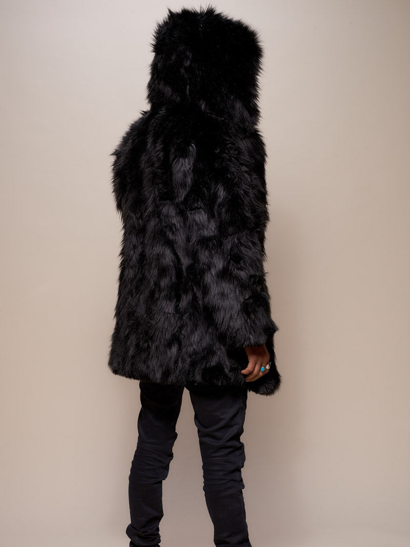 Man wearing Black Wolf Hooded Faux Fur Coat, side view