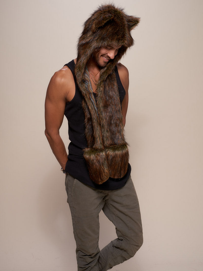 Man wearing faux fur Limited Edition Forest Fox Unisex SpiritHood, side view 1