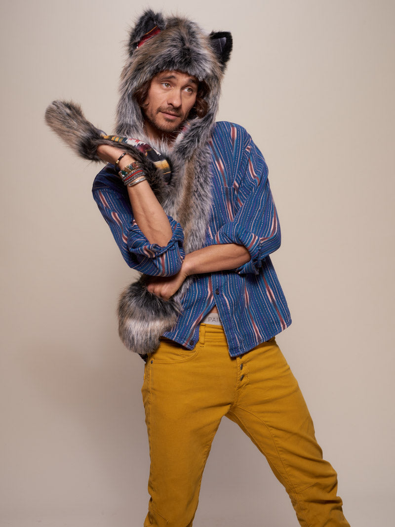 Man wearing faux fur Grey Wolf Sedona Collector Edition SpiritHood, front view