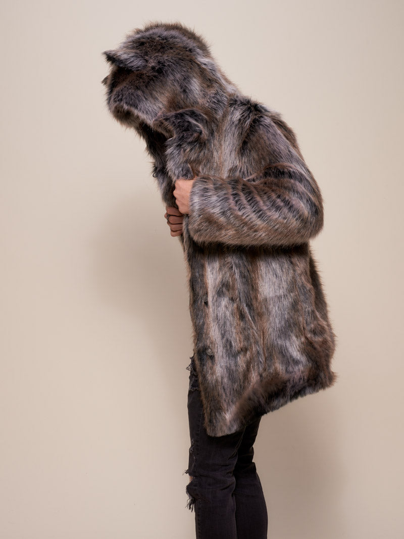 Man wearing Classic Grey Wolf Galaxy Collector Faux Fur Coat, side view 2