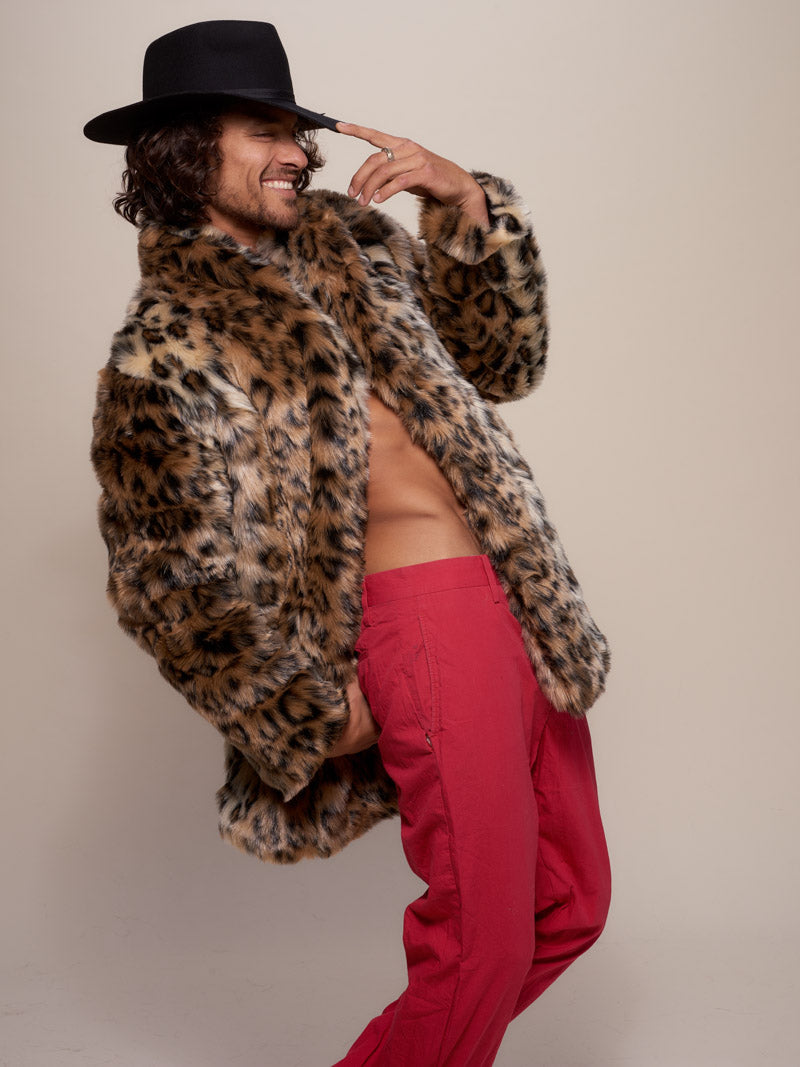 Man wearing Leopard Collared Faux Fur Coat