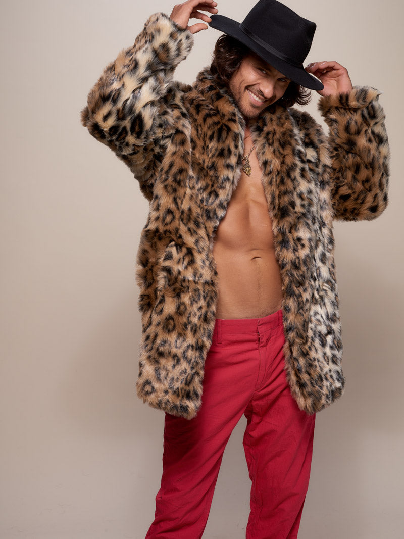 Man wearing Leopard Collared Faux Fur Coat, front view