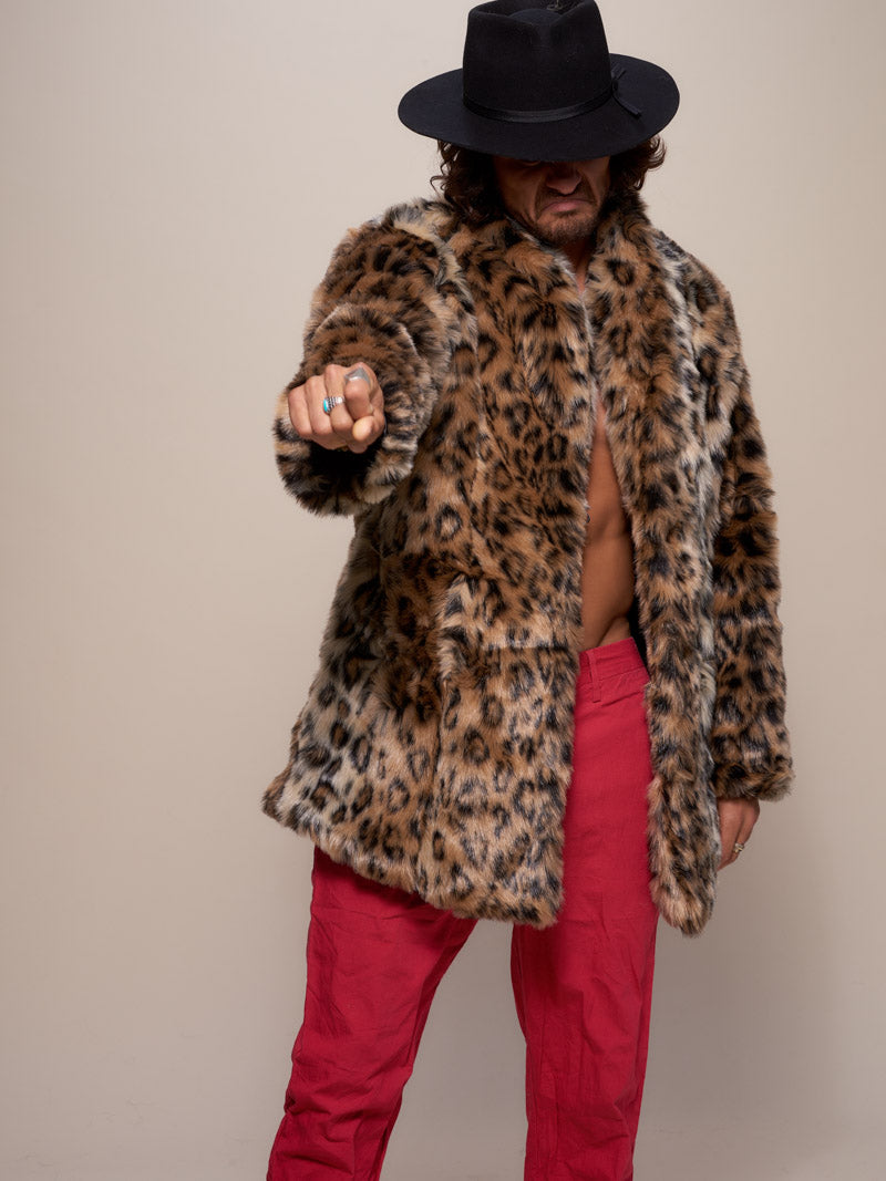 Man wearing Leopard Collared Faux Fur Coat, front view 2