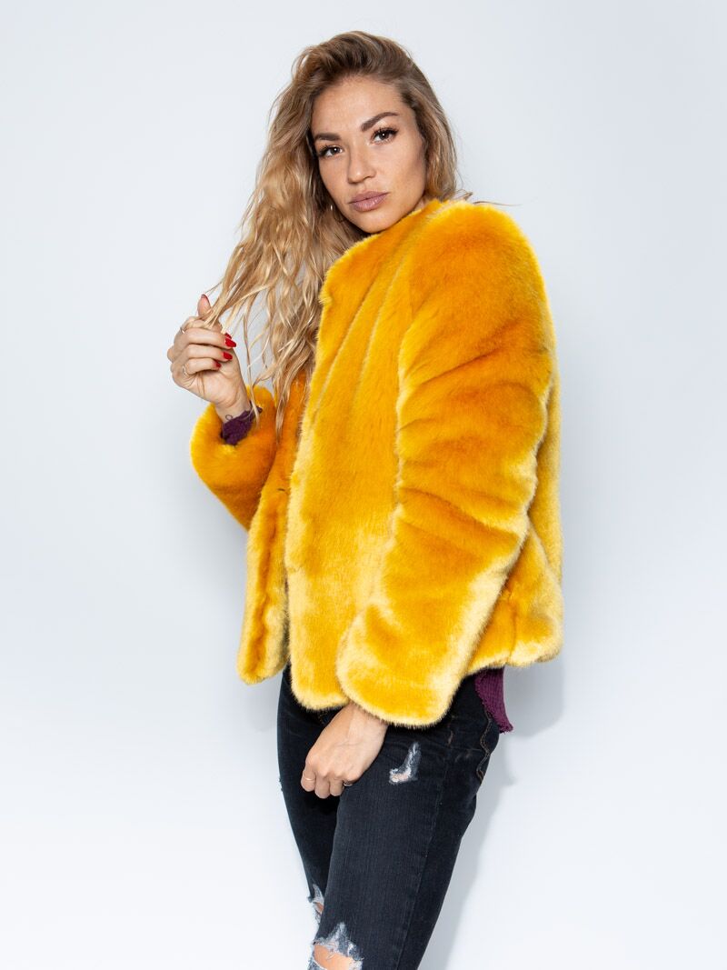 SpiritHood Faux Fur Bomber with Golden Wolf Design