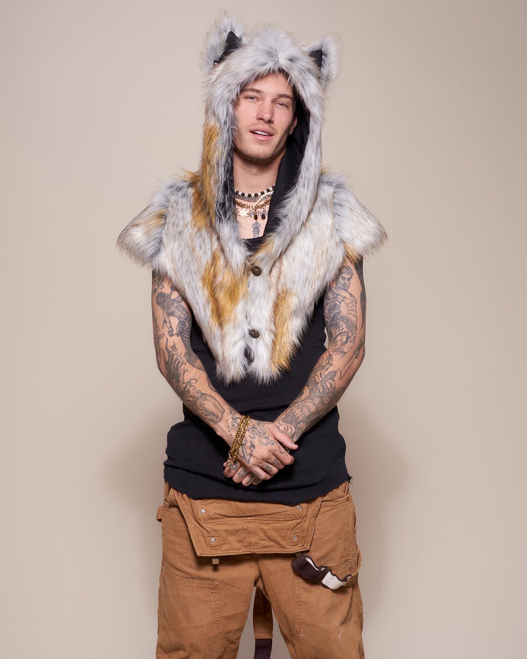 Man wearing Arctic Fox Collector Edition Faux Fur Shawl, front view 1