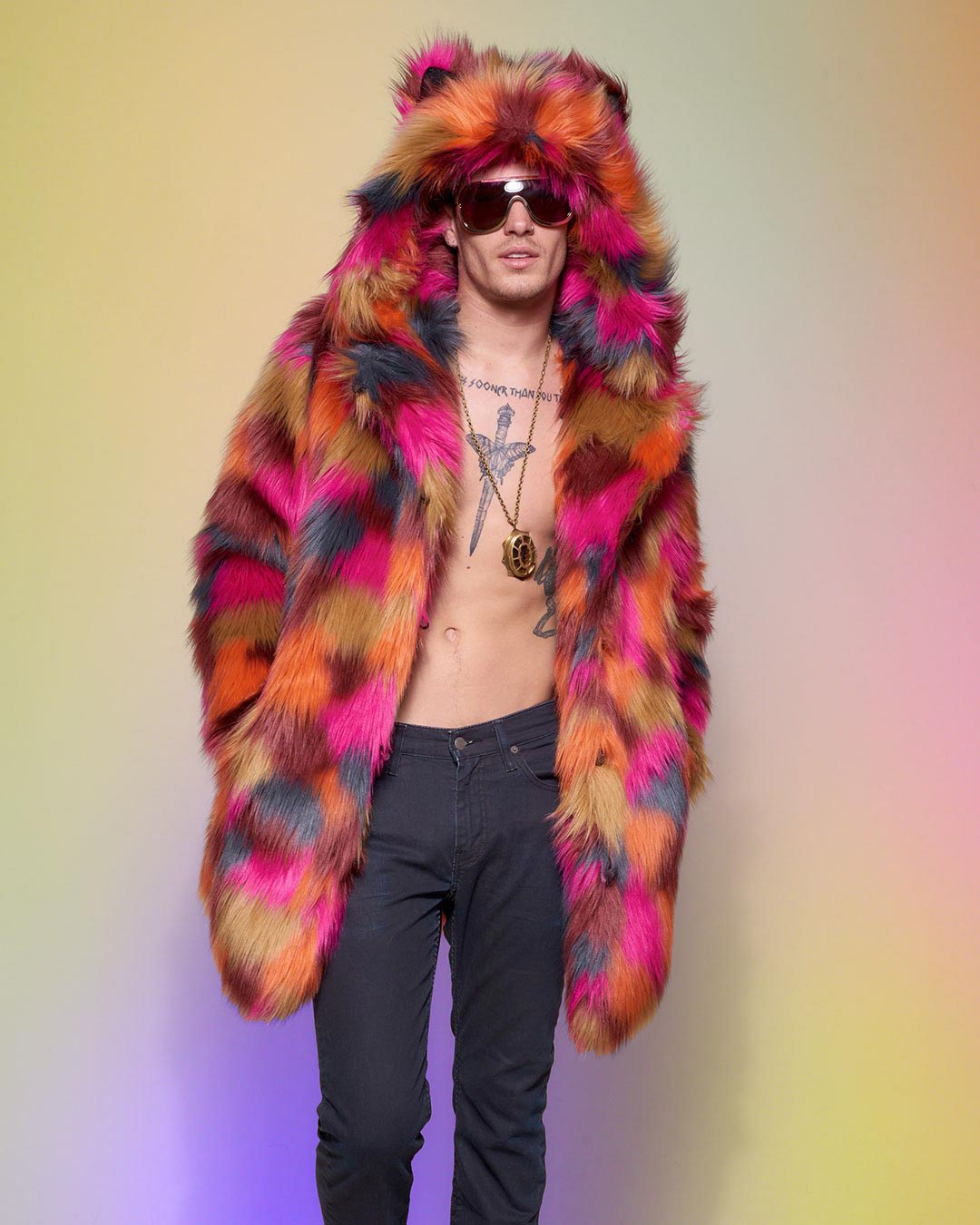 Man wearing Calico Leopard Classic Faux Fur Coat, front view 1