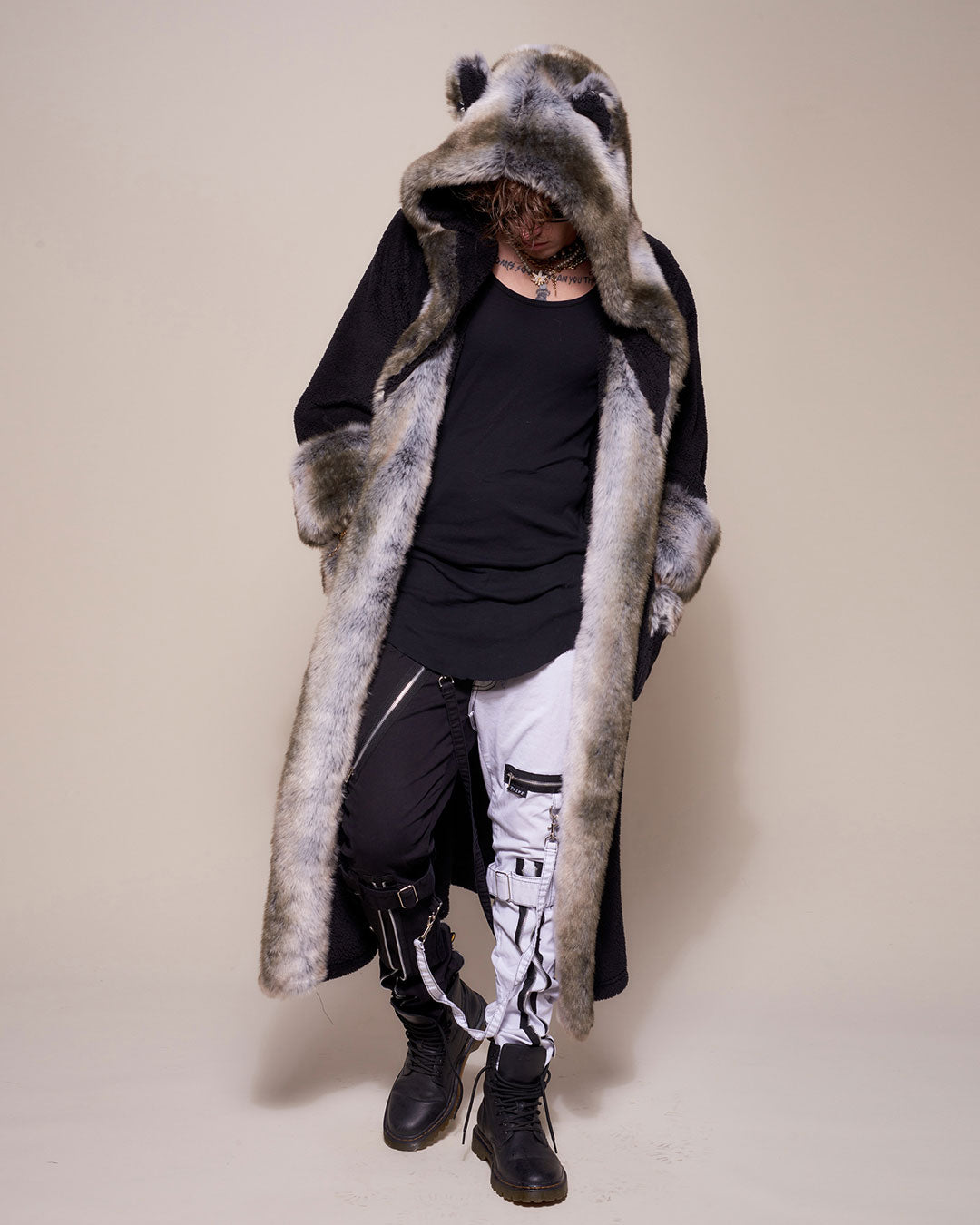 Man wearing Grey Wolf Classic Faux Fur Robe, front view 1