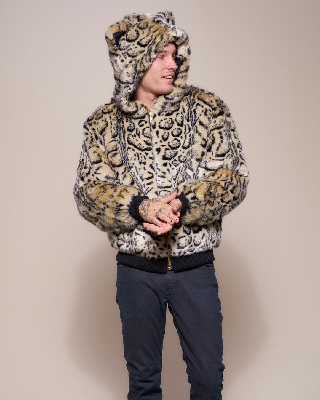 Man wearing Ocelot Luxe Classic  Faux Fur Bomber Jacket, front view 2