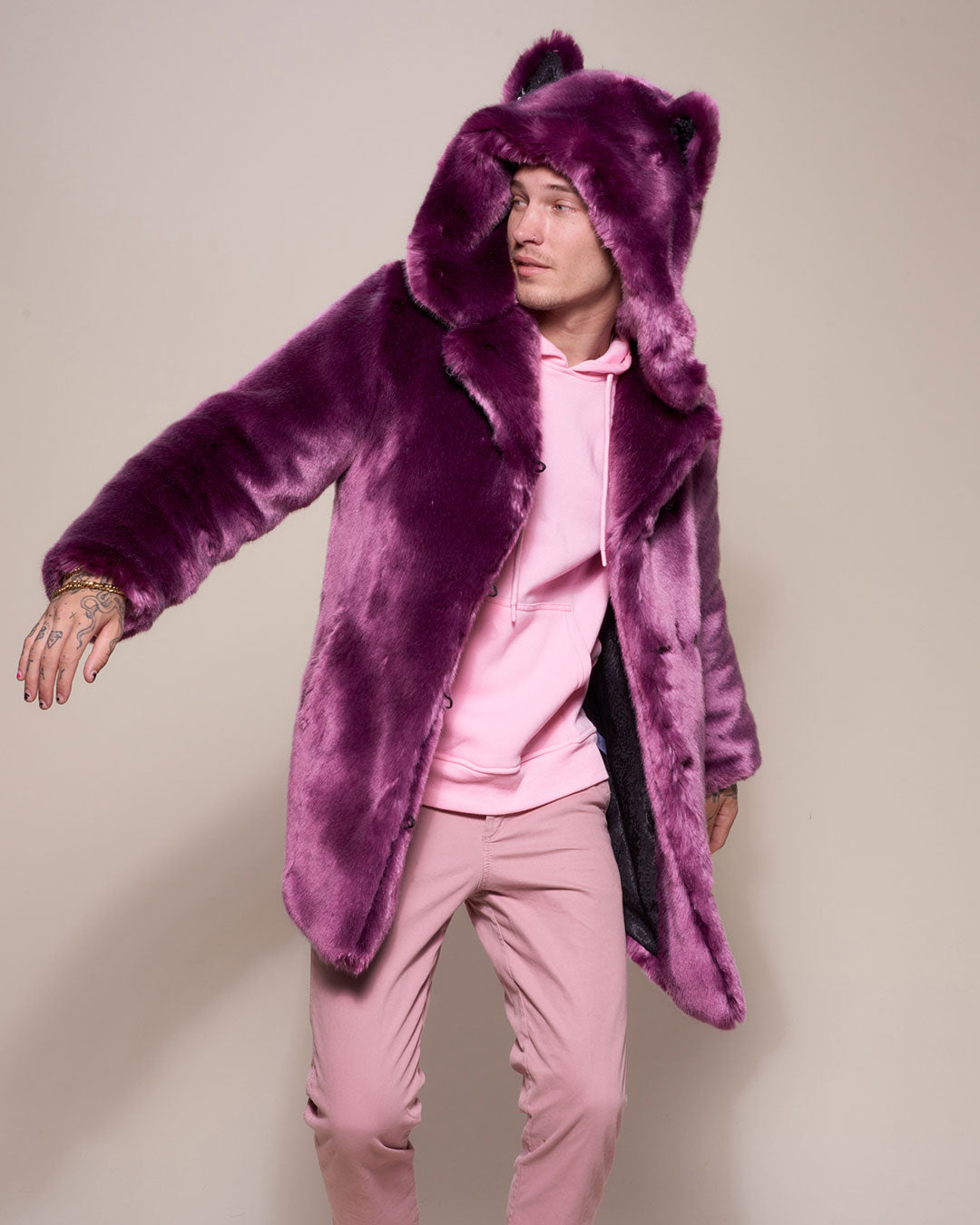 Man wearing Lavender Wolf Luxe Classic Faux Fur Coat, front view 2