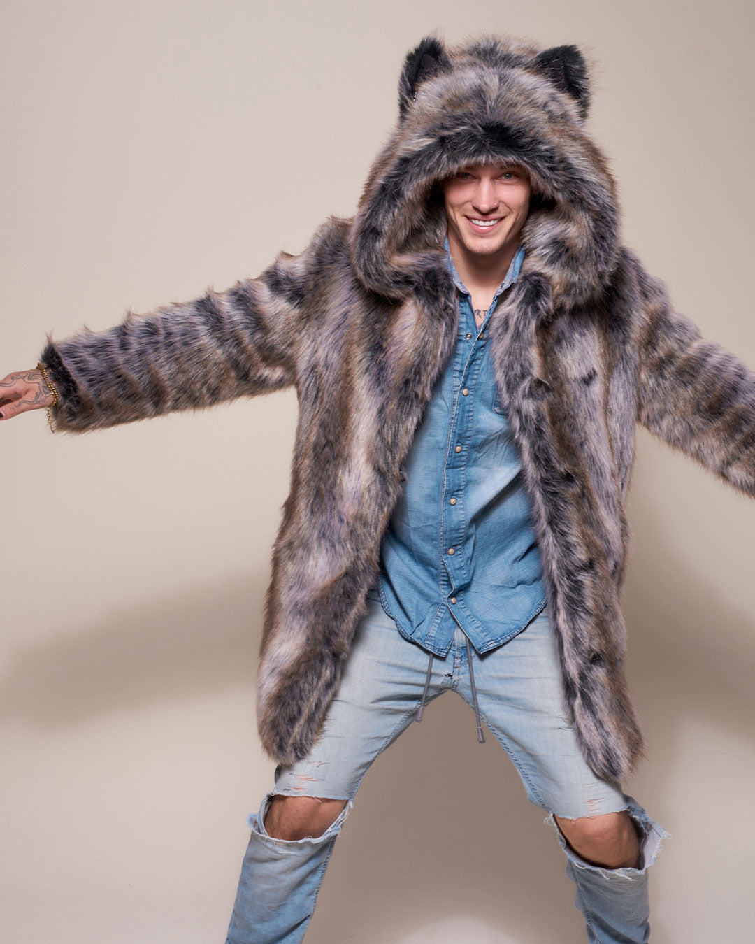 Grey Wolf Classic Faux Fur Coat with Hood on Man