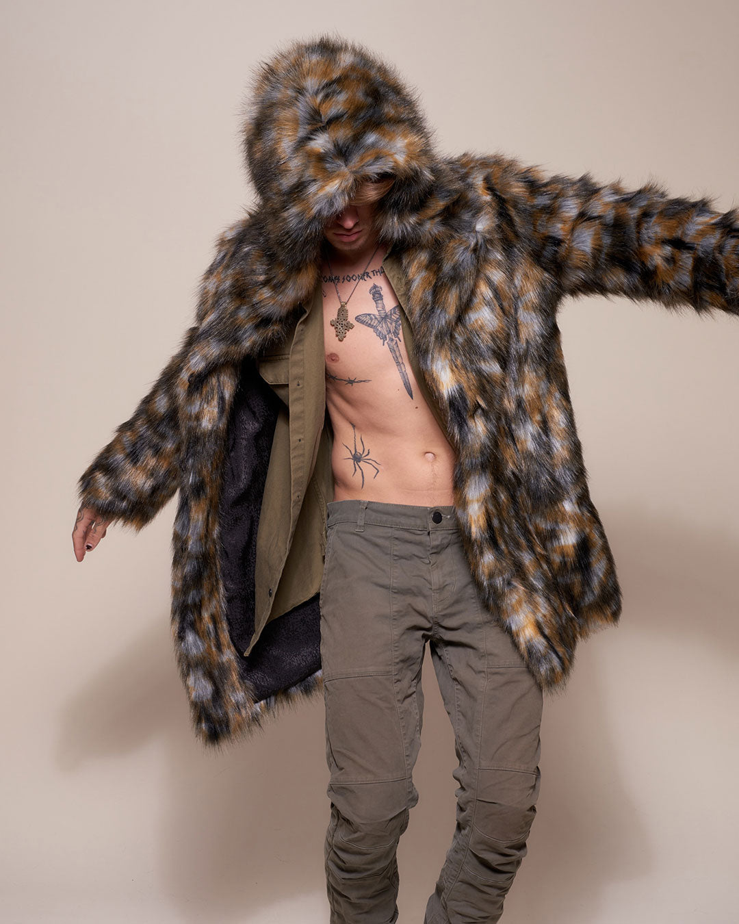 Man wearing Brindle Wolf Hooded Faux Fur Coat, front view 1