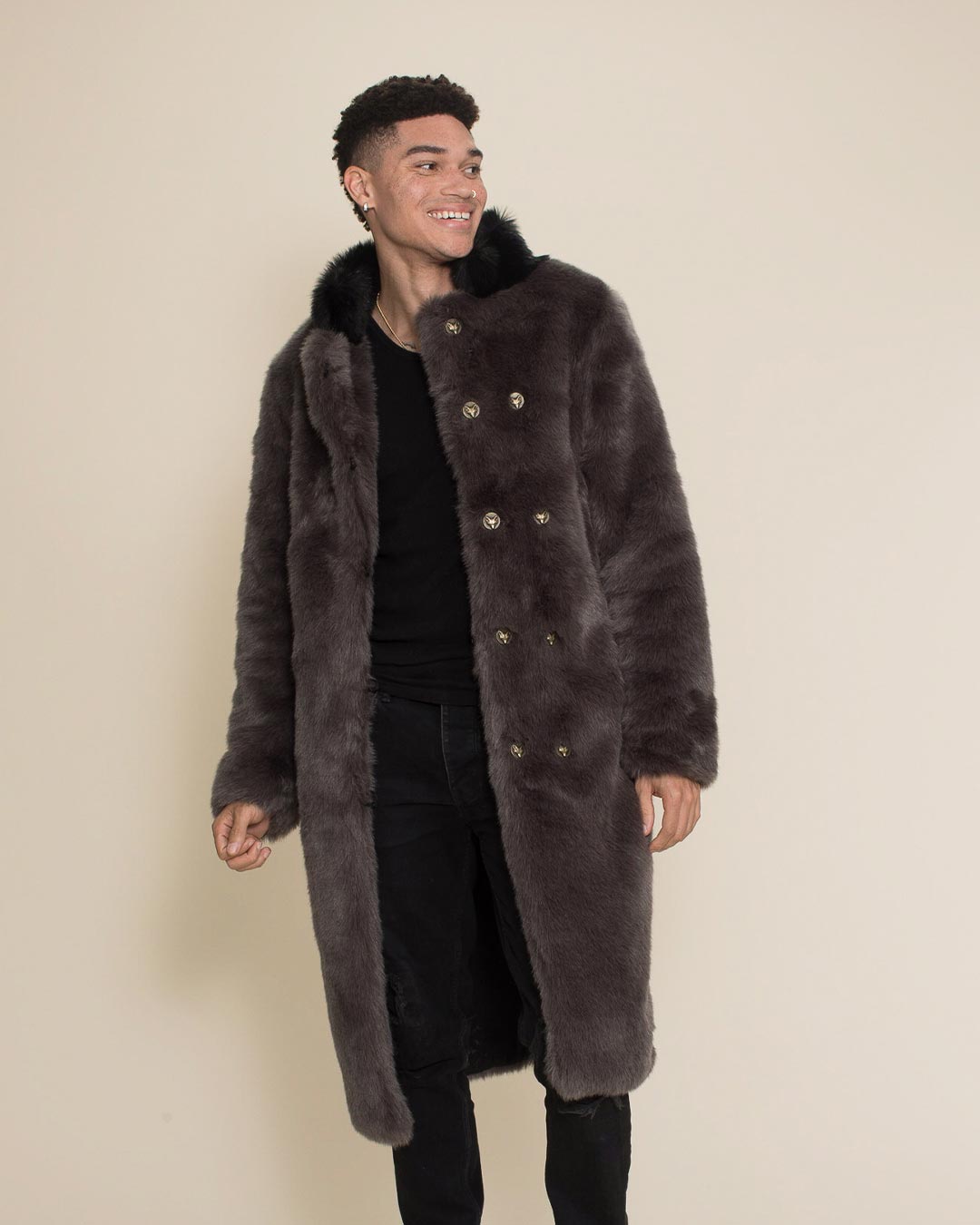 Grey Fox Calf Length Faux Fur Coat | Men&#39;s