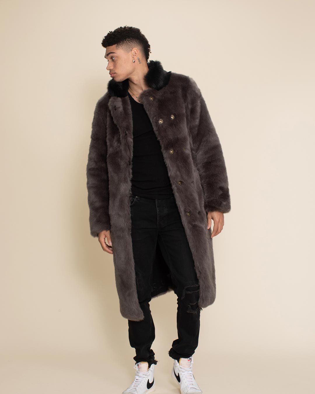 Grey Fox Calf Length Faux Fur Coat | Men's - SpiritHoods