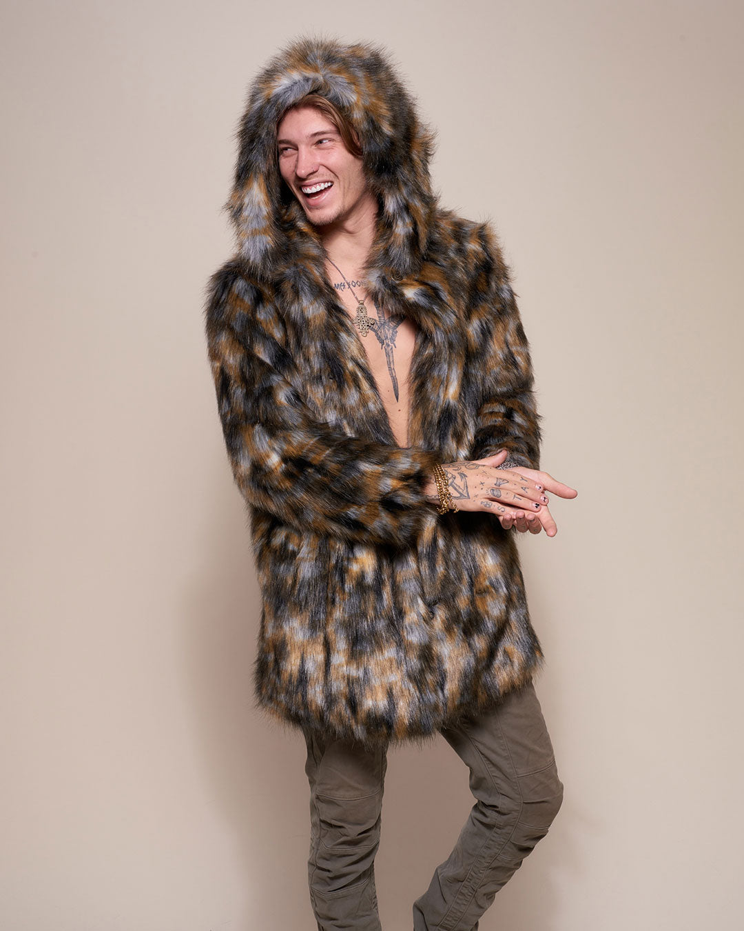 Man wearing Brindle Wolf Hooded Faux Fur Coat, front view