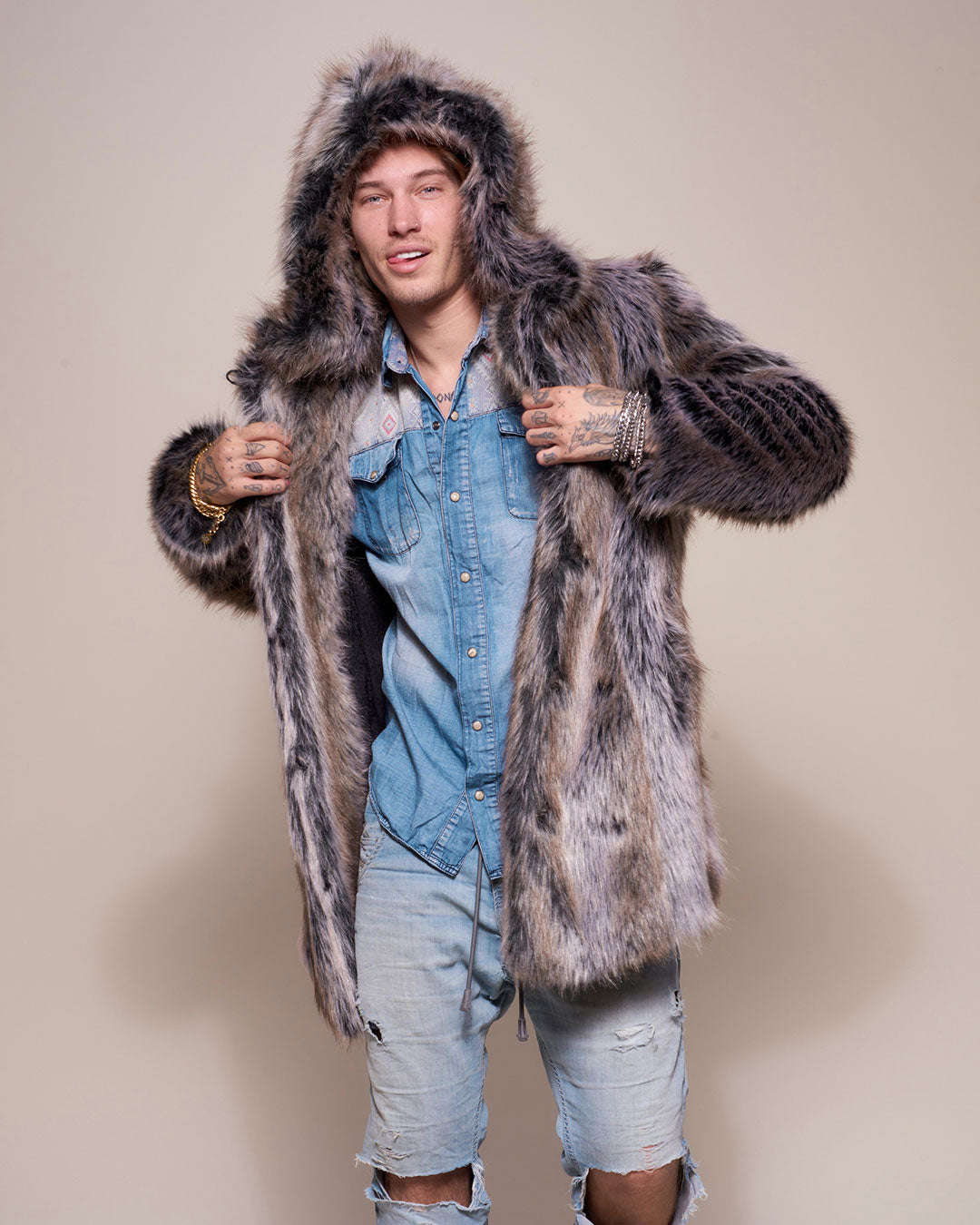 Man wearing Grey Wolf Hooded Faux Fur Coat, front view 2