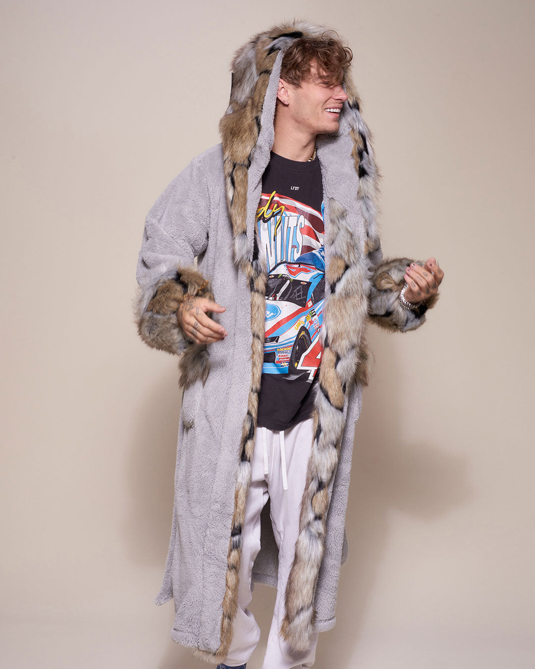 Man wearing Hooded Wolverine Faux Fur House Robe, side view