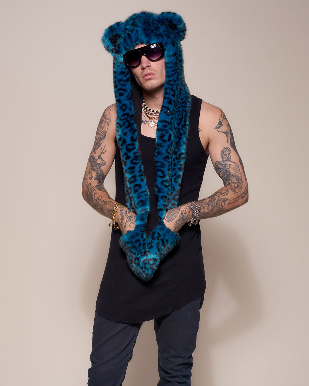 Man wearing faux fur Ice Leopard Luxe Collector Edition SpiritHood, front view 2