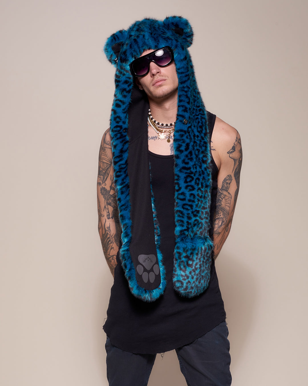 Man wearing faux fur Ice Leopard Luxe Collector Edition SpiritHood