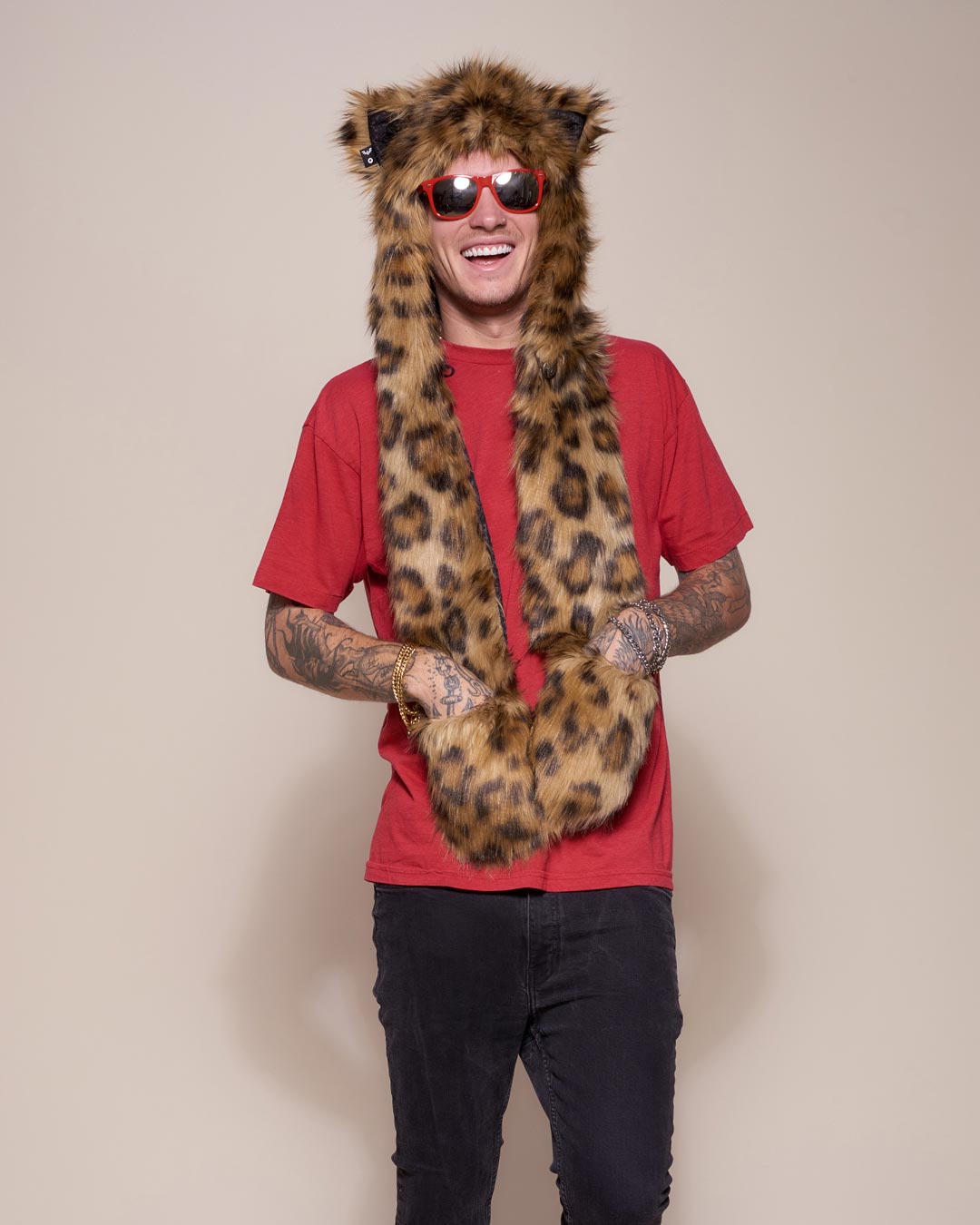 Man wearing Javan Leopard Faux Fur Hood