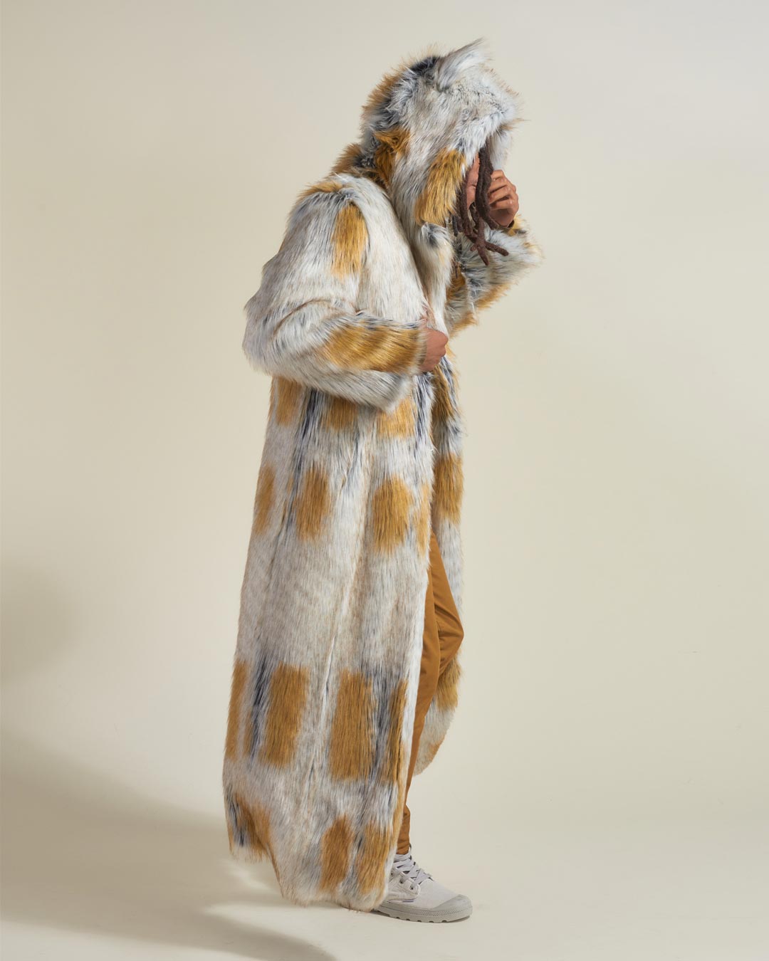 Man wearing Arctic Fox Classic Faux Fur Long Coat, side view 3