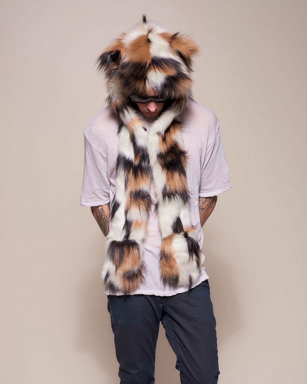 Man wearing Manx Cat Collector Edition Faux Fur Hood, front view 1