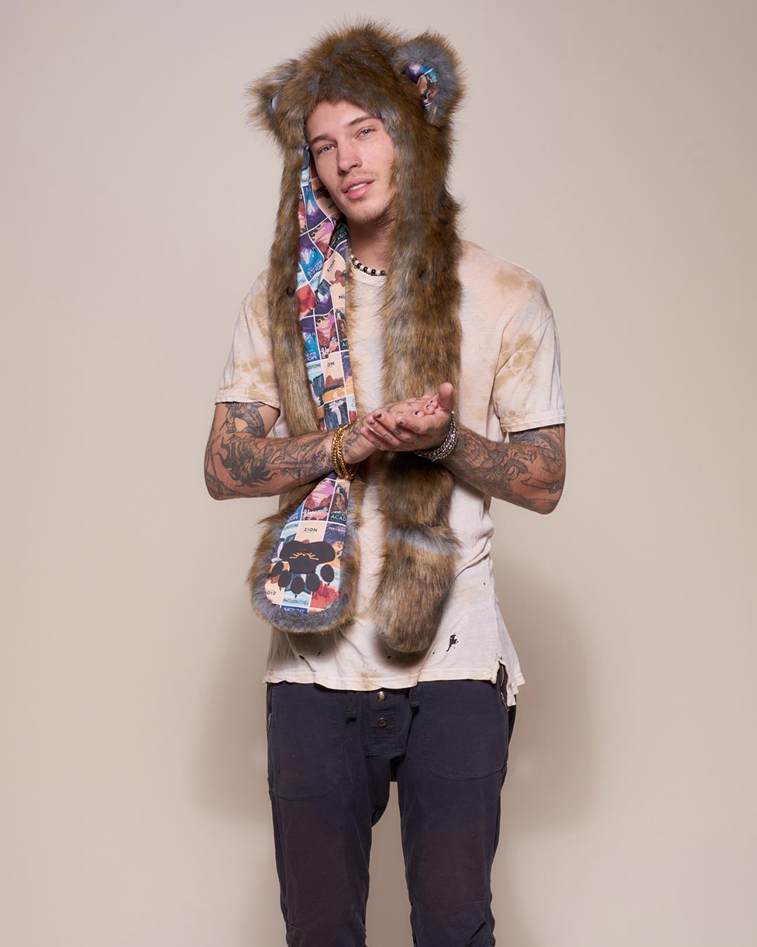 Man wearing National Park Bear Collector Edition Faux Fur Hood, side view