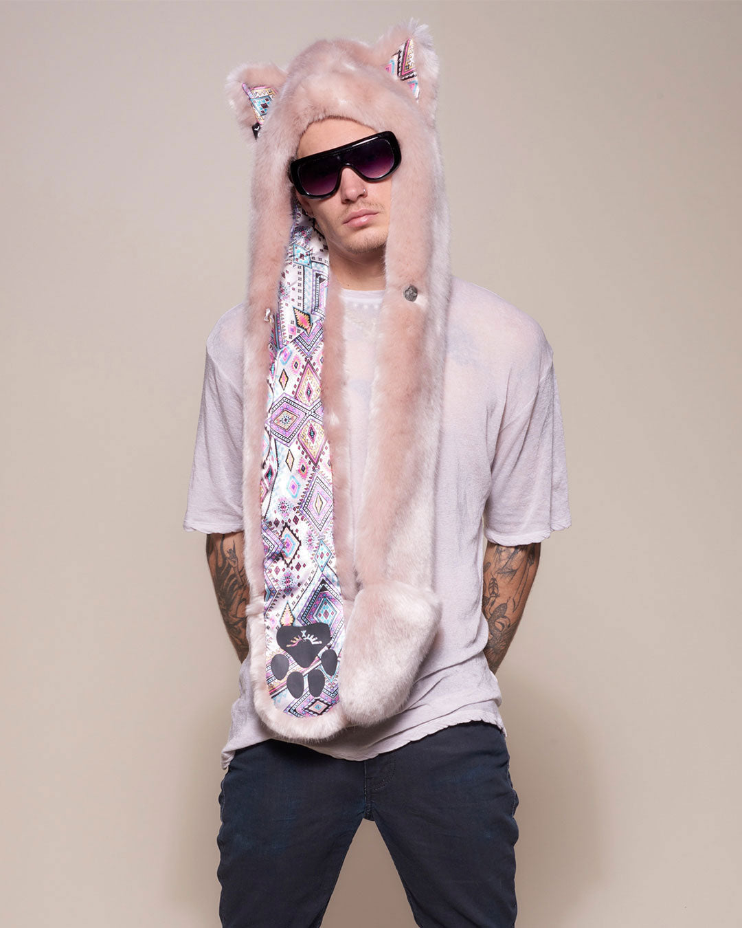 Man wearing faux fur Rose Quartz Wolf Luxe Collector Edition SpiritHood