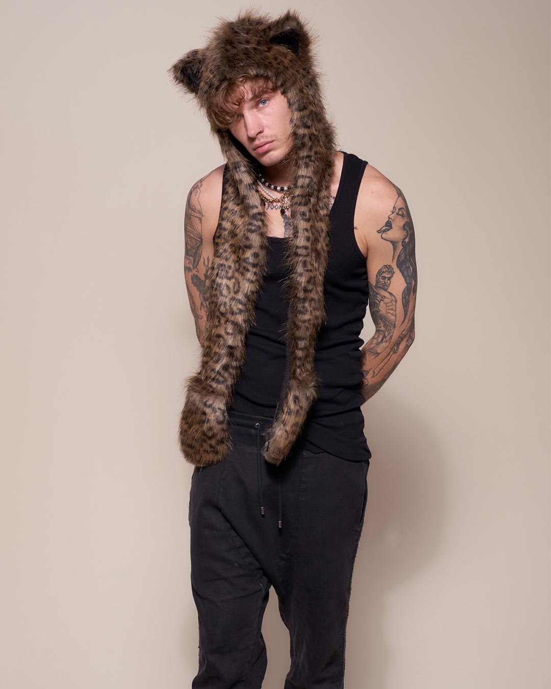 Man wearing Savannah Cat Collector Edition Faux fur Hood, front view