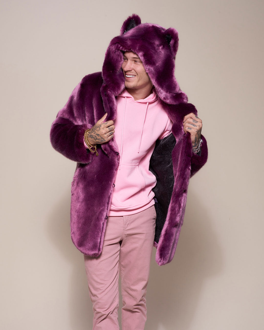 Man wearing Lavender Wolf Luxe Classic Faux Fur Coat, front view 4